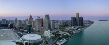 Detroit, MI USA - May 30, 2022 : Aerial view of Detroit downtown, Detroit is a second largest city in American Heartland is home to 4.3 million people.