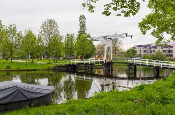 Passeggiata Ponte Disegnato Attraverso Canale Leida Amsterdam — Foto Stock