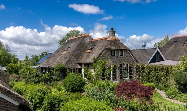Traditional thatched roof homes in famous Giethoorn village in the Netherlands.