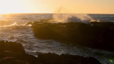 Cape Perpetua, Oregon 'da volkanik kayalara çarpan uzun dalgalar.