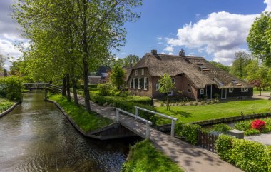 Hollanda 'nın ünlü Giethoorn köyünde yaz mevsiminde, kanalların kenarındaki çatı evler..