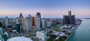 Detroit, MI USA - May 30, 2022 : Aerial view of Detroit downtown, Detroit is a second largest city in American Heartland is home to 4.3 million people.