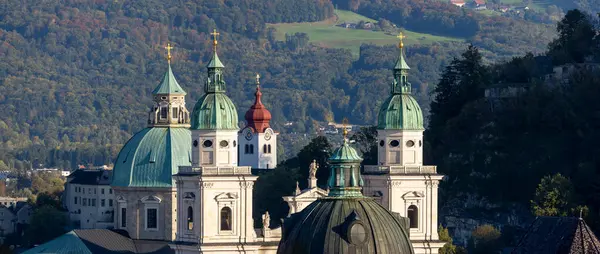 Légi Felvétel Salzburgi Katedrálisról Székesegyház Szentek Rupert Virgil Katedrális Templom — Stock Fotó