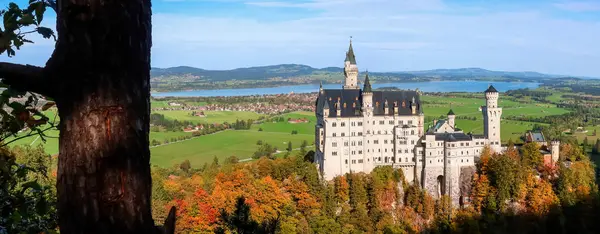 Panoramautsikt Över Berömda Historiska Neuschwanstein Slott Schwangau Tyskland Hösten — Stockfoto
