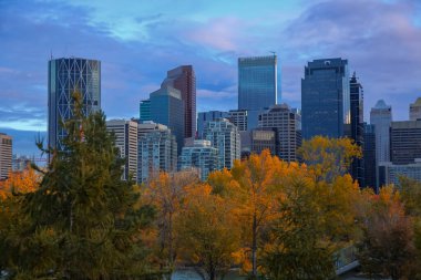 Güzel Calgary şehri alacakaranlık altında sonbahar zamanı ufuk çizgisi.
