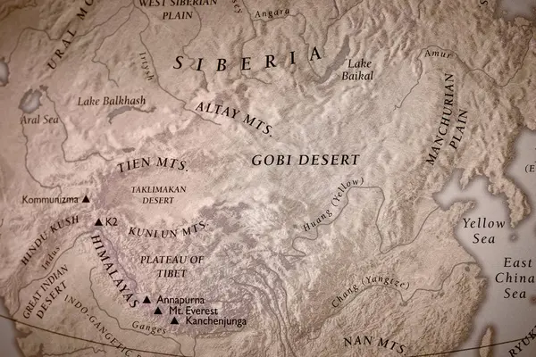Antiguo Mapa Geográfico Tradicional Cordillera Del Himalaya Desierto Gobi Tíbet —  Fotos de Stock