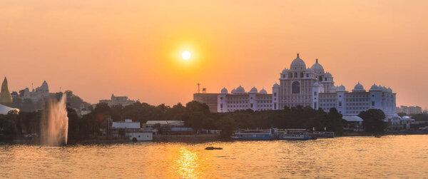 Panoramic view of Telangana state secretariat building along Hussain Sagar lake during sunset.Hyderabad, India.