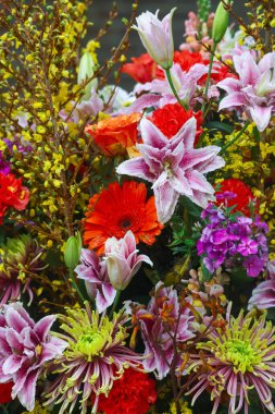 Renkli çiçek buketinin yakın görünümü, seçici odak.