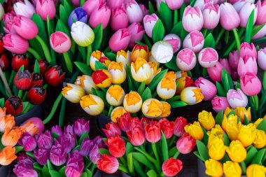 Hollanda 'da pazarda satılık renkli ahşap boyalı Lale çiçeği hediyelik eşyaları..