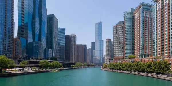 Chicago, Illinois, ABD - 19 Haziran 2023: Chicago şehir merkezindeki yüksek binaların panoramik manzarası.