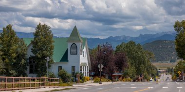 Panoramic view of Ridgeway community church in Colorado clipart