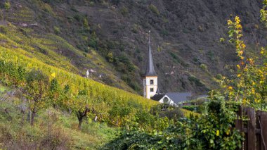 Almanya 'daki Moselle nehri boyunca Bremm köyündeki Aziz Laurentius Kilisesi. Sonbaharda.