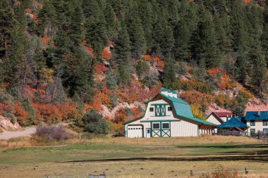 Manzaralı ahır ve tarım arazisi. Colorado 'nun ortasında. San Juan dağları, sonbahar zamanı..