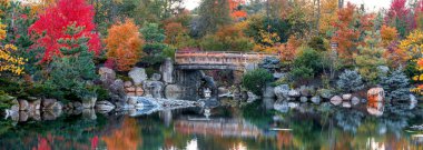 Grand Rapids, Michigan 'da sonbahar zamanı Frederik Meijer bahçelerinde gezinen panoramik köprü manzarası.