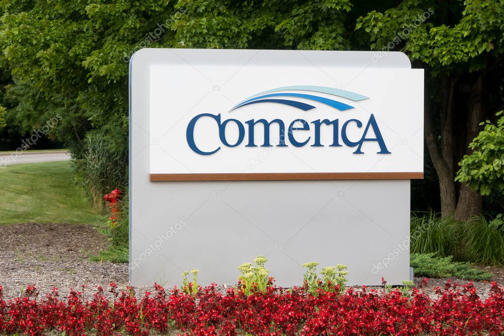 Farmington Hills, Michigan - August 13, 2024: New Signage of Comerica Bank at Farmington Hills, Michigan. Comerica Incorporated is an American financial services company.