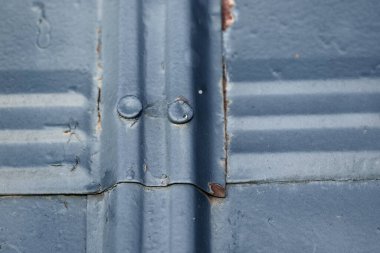 Barakanın çatısındaki mavi kıvrımlı metal levhayı yakın plan çek.