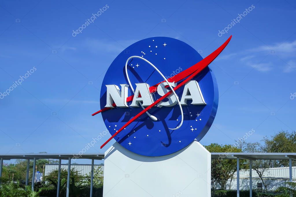 CAPE CANAVERAL, FLORIDA - February 28, 2024: NASA sign at the Kennedy Space Center Visitor Complex in Cape Canaveral, Florida.