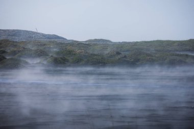 Sis manzaralı Vestrahorn, İzlanda 'da bahar zamanı siyah kumsal manzarası.