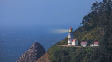 Geceleyin Oregon 'da Pasifik kıyısı boyunca uzanan tarihi Heceta Baş Feneri.