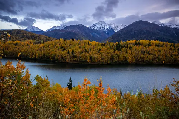 Alaska kırsalında sonbaharın sonlarında manzaralı panoramik manzara.