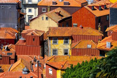 Güneşli bir günde Portekiz 'in Porto şehrindeki UNESCO dünya mirası sahasındaki renkli binaların hava manzarası