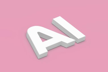 Yapay zekanın 3 boyutlu canlandırma konsepti, pembe arkaplan üzerindeki yapay zeka metni.