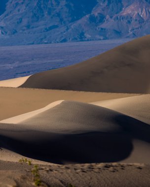Mesquite Kum Tepeleri Ölüm Vadisi Ulusal Parkı Kaliforniya 'da akşam güneşi altında karanlık gölgeler altında.