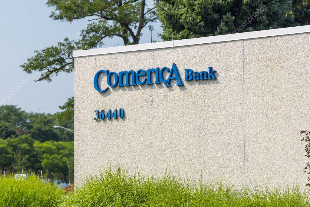 Birmingham, Michigan - August 9, 2023: Signage of Comerica Bank at Birmingham, Michigan. Comerica Incorporated is an American financial services company.