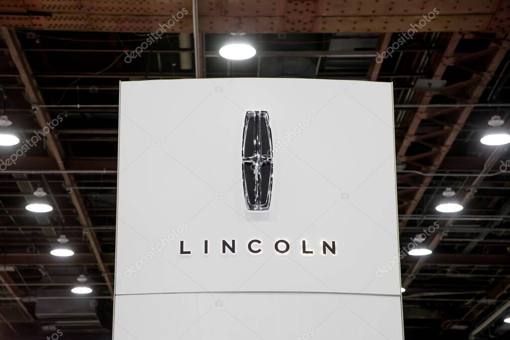 Detroit, Michigan, USA - January 16, 2025 : Large Lincoln logo, displayed at North American International auto show, in Detroit.