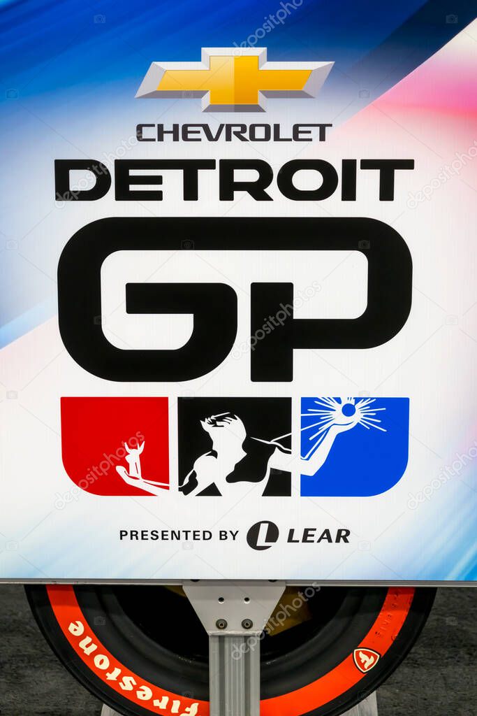 Detroit, Michigan, USA - January 16, 2025: Chevrolet Detroit Grand Prix sign at Detroit auto show , Annual vent conducted in the streets of Detroit downtown.