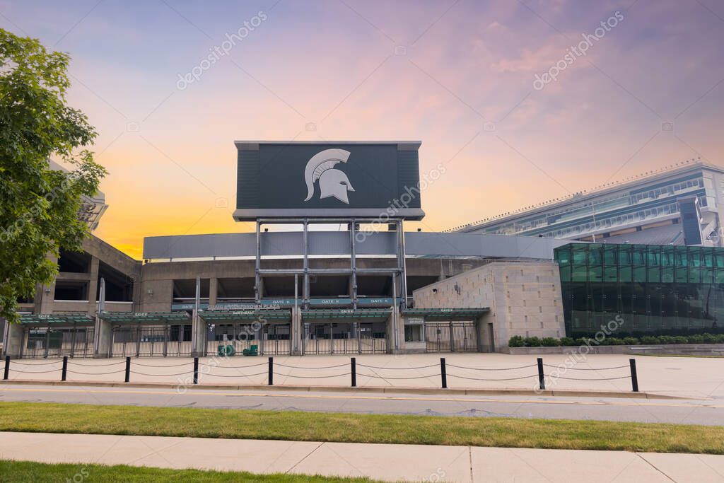 EAST LANSING, MI -21, JUNE 2024: Symbol of Spartan in front of the entrance to the Spartan stadium at Michigan State University (MSU) in East Lansing