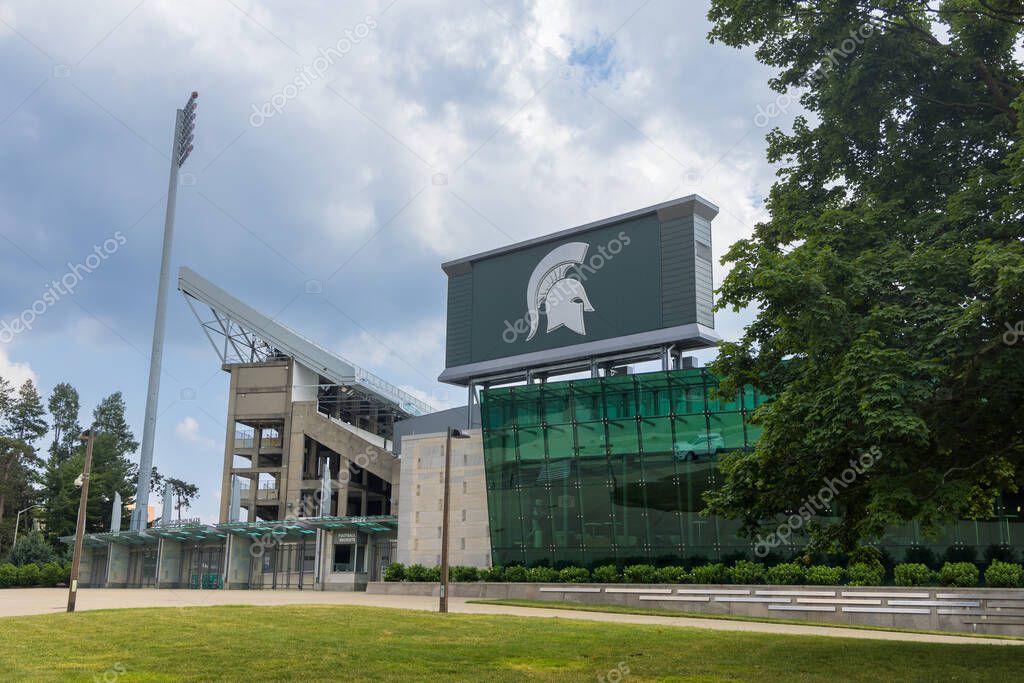 EAST LANSING, MI -21, JUNE 2024: Symbol of Spartan in front of the entrance to the Spartan stadium at Michigan State University (MSU) in East Lansing