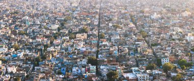 Jaipur, Rajasthan, India - October 11, 2022: Panoramic view of Jaipur cityscape, Many structures built around Tal Katora Lake in Jaipur city, Rajasthan, India