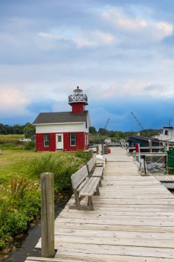 Saugatuck Douglas deniz fenerinin Michigan Gölü kıyı şeridi manzarası