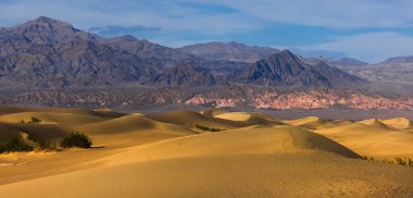 Mesquite Kum Tepeleri 'nin panoramik görüntüsü Ölüm Vadisi Ulusal Parkı' nda akşam güneşi altında
