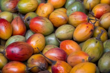 Tamarillo, yumurta şekilli yenilebilir meyve, ayrıca ağaç domatesi olarak da bilinir, Tanzanya pazarında domates de arbol.