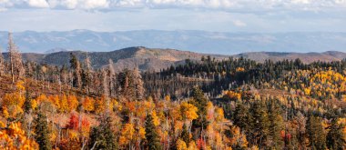 Wasatch Dağı 'nın panoramik manzarası Nebo Dağı' ndan Utah 'a sonbaharda tepeden bakıyor.