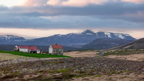 Tundra manzarasının panoramik manzarası ve İzlanda kırsalında bulutlu gökyüzü ile tarihi yapı kalıntıları.