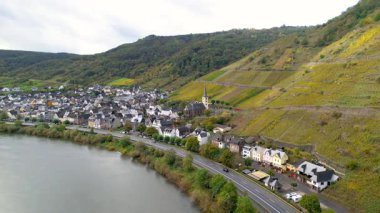 Almanya 'nın Moselle nehri kıyısındaki manzaralı Editör-Eller kasabasının sonbahar dönemi manzarası