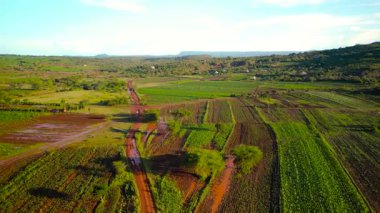 Aerial view of farm landscape near Karatu town in Tanzania ,tropical fields.
