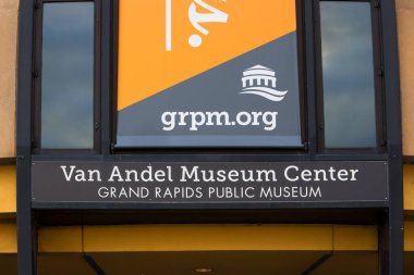 Grand Rapids, Michigan, USA - September 13, 2025: Sign of the Van Andel Museum, includes a planetarium and a carousel in Grand Rapids, Michigan.