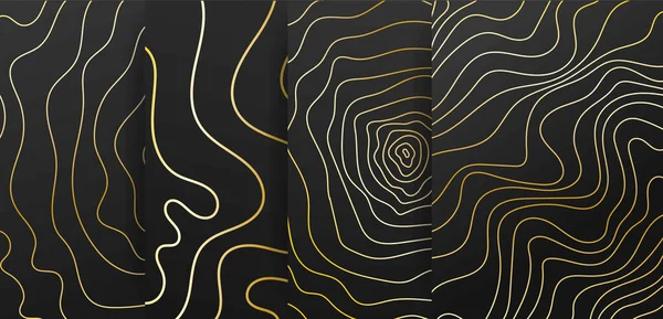 Set Van Gouden Texturen Met Golven Een Zwarte Achtergrond Gouden — Stockvector