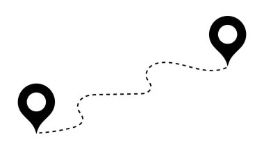 Yol konumu simgesi, iki iğne işareti ve noktalı yol çizgisi, yol başlama ve bitiş sembolü beyaz arkaplanda. Vektör illüstrasyonu