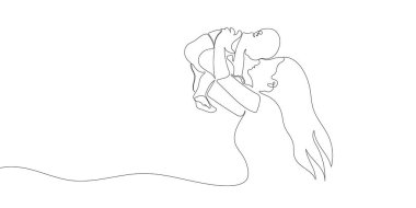 Mom and child continuously draw minimalism. Vector illustration