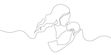 Mom and child continuously draw minimalism. Vector illustration