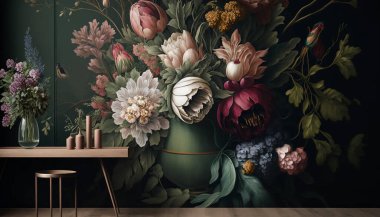 Luxurious tropical leaves and flowers exotic living room wallpaper design. High quality photo