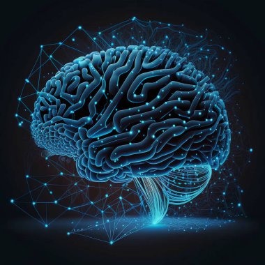 Abstract polygonal human brain. Neural network. Artificial Intelligence. Low poly wire mesh on a blue background. Lines and dots. High quality photo