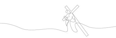 drawing of jesus christ carrying the cross drawn continuous line. Vector illustration