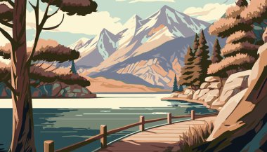 Bridge on the lake with mountain landscapes in the background. Landscape of mountains in anime style. Vector illustration