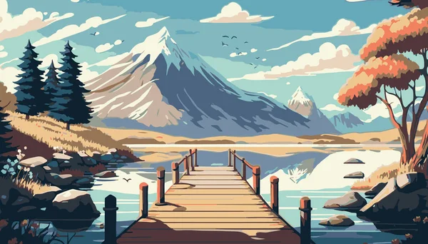 Bridge on the lake with mountain landscapes in the background. Landscape of mountains in anime style. Vector illustration